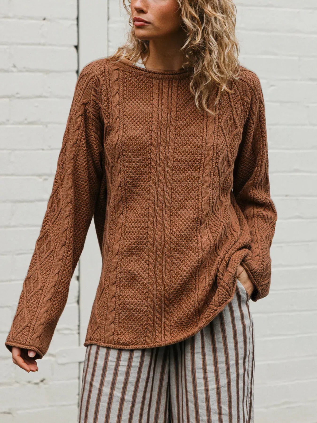 Crew Neck Cable-Knit Sweater