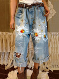 Full Size Floral Distressed Cropped Jeans Plus Size