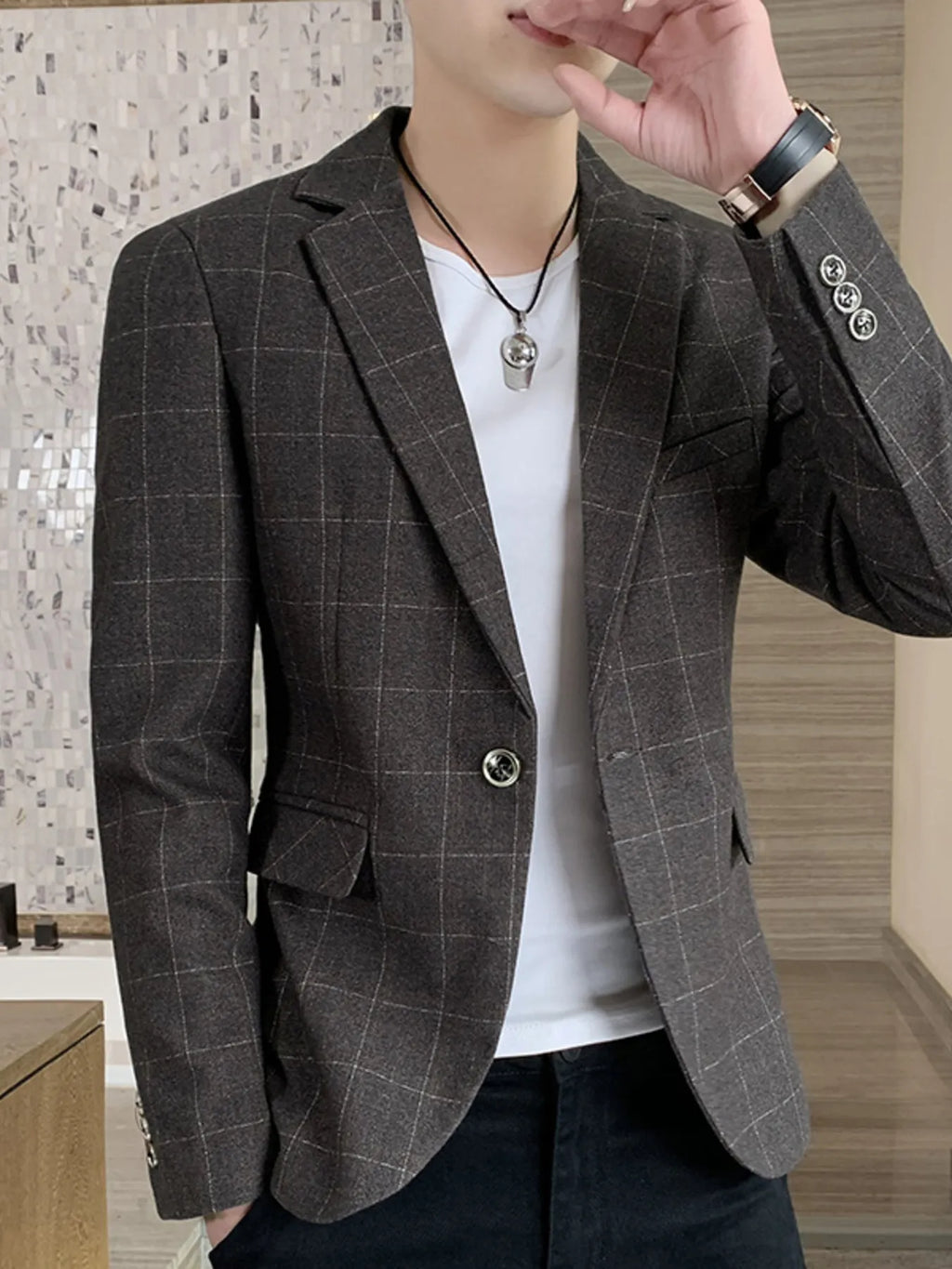 Men's Plus Size Slim Fit Plaid Pattern Blazer