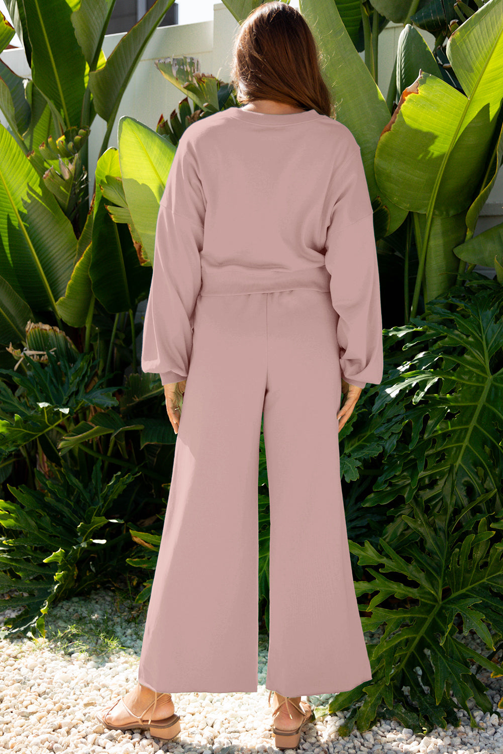 Light Pink Drop Shoulder Puff Sleeve Crop Pullover Drawstring Wide Leg Pants Set