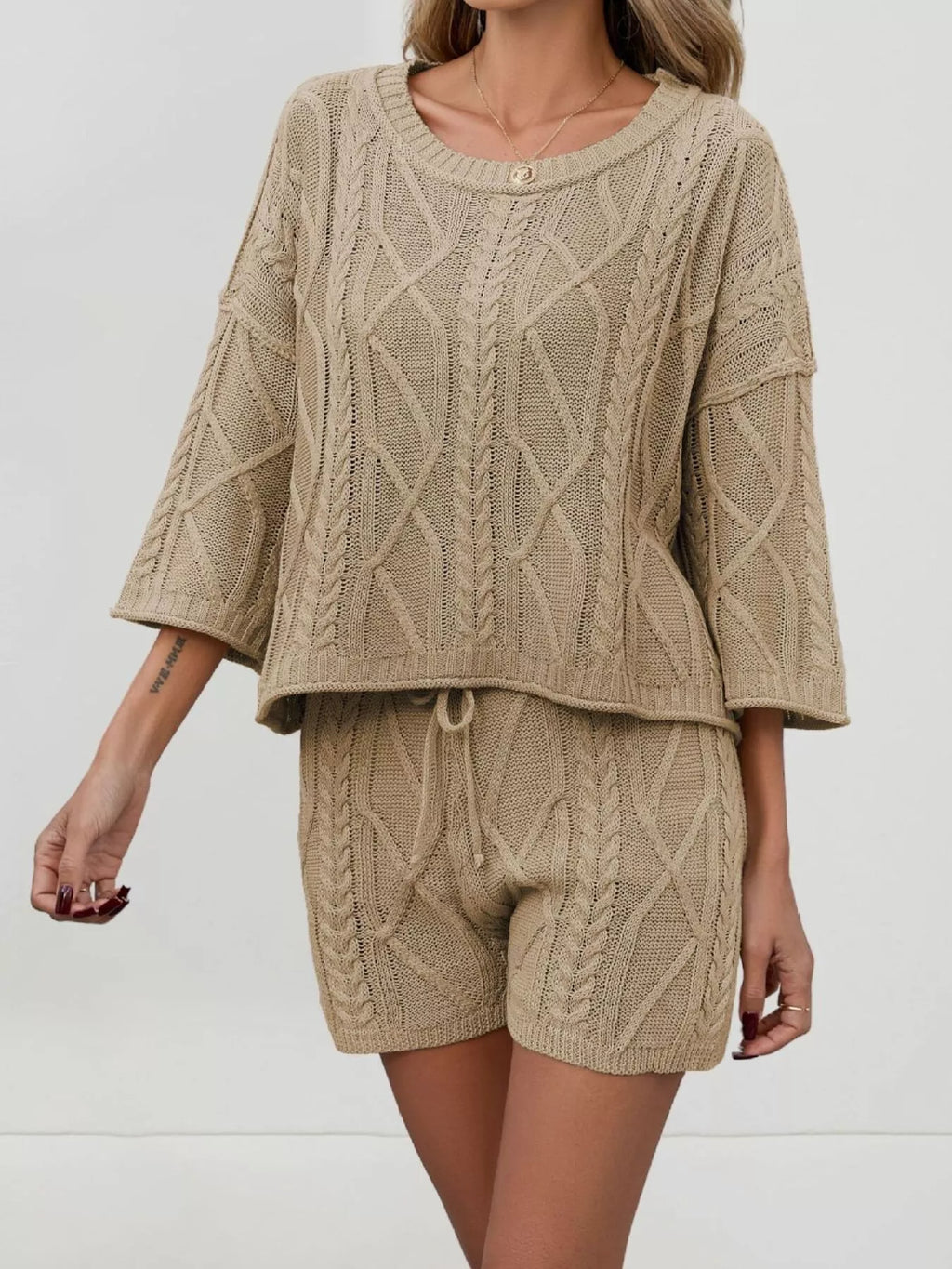 Cable Knit 3/4 Sleeve Sweater and Shorts Set