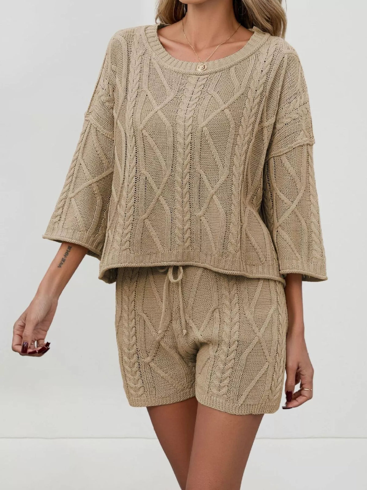 Cable Knit 3/4 Sleeve Sweater and Shorts Set