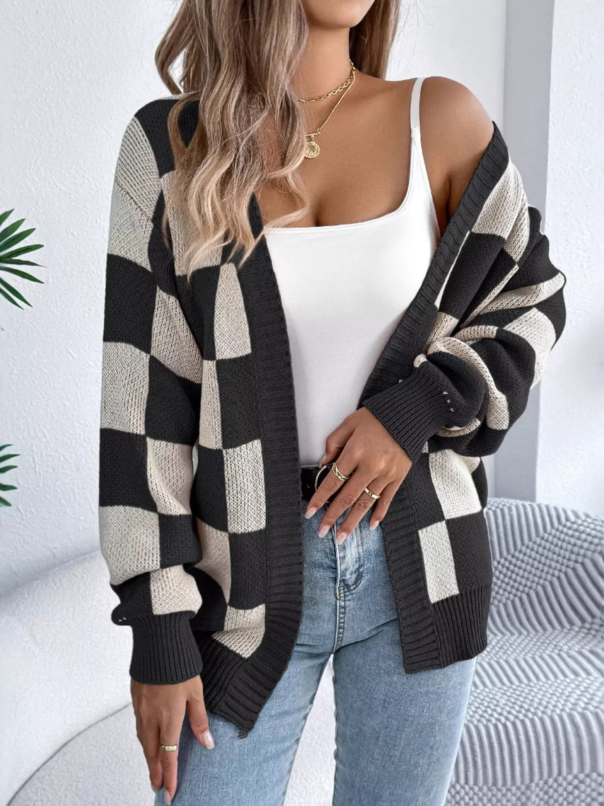 Checkerboard Pattern Open Front Knit Cardigan