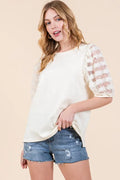 Lace Puff Sleeve Round Neck Top – Plus Size Available