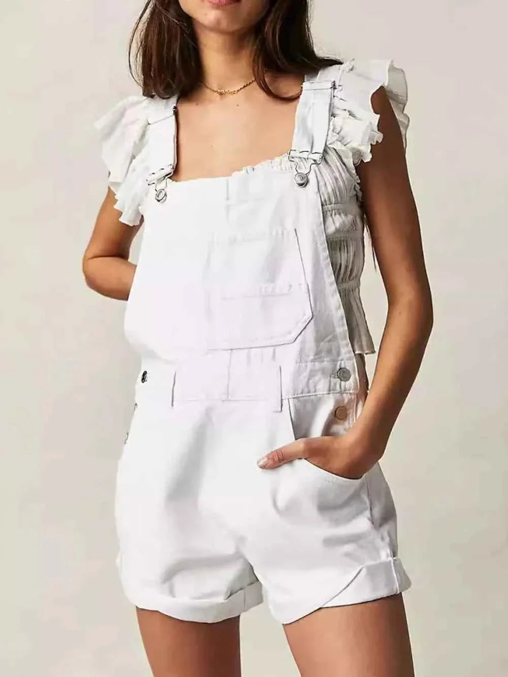 White Ruffle Sleeve Wide Strap Denim Short Overalls