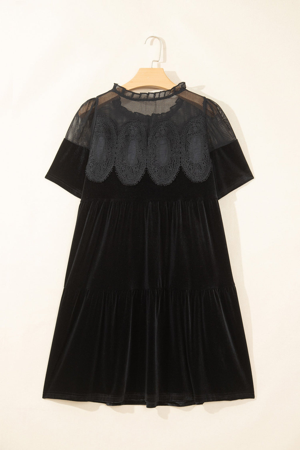Black Embroidered Velvet Short Sleeve Mini Shift Dress
