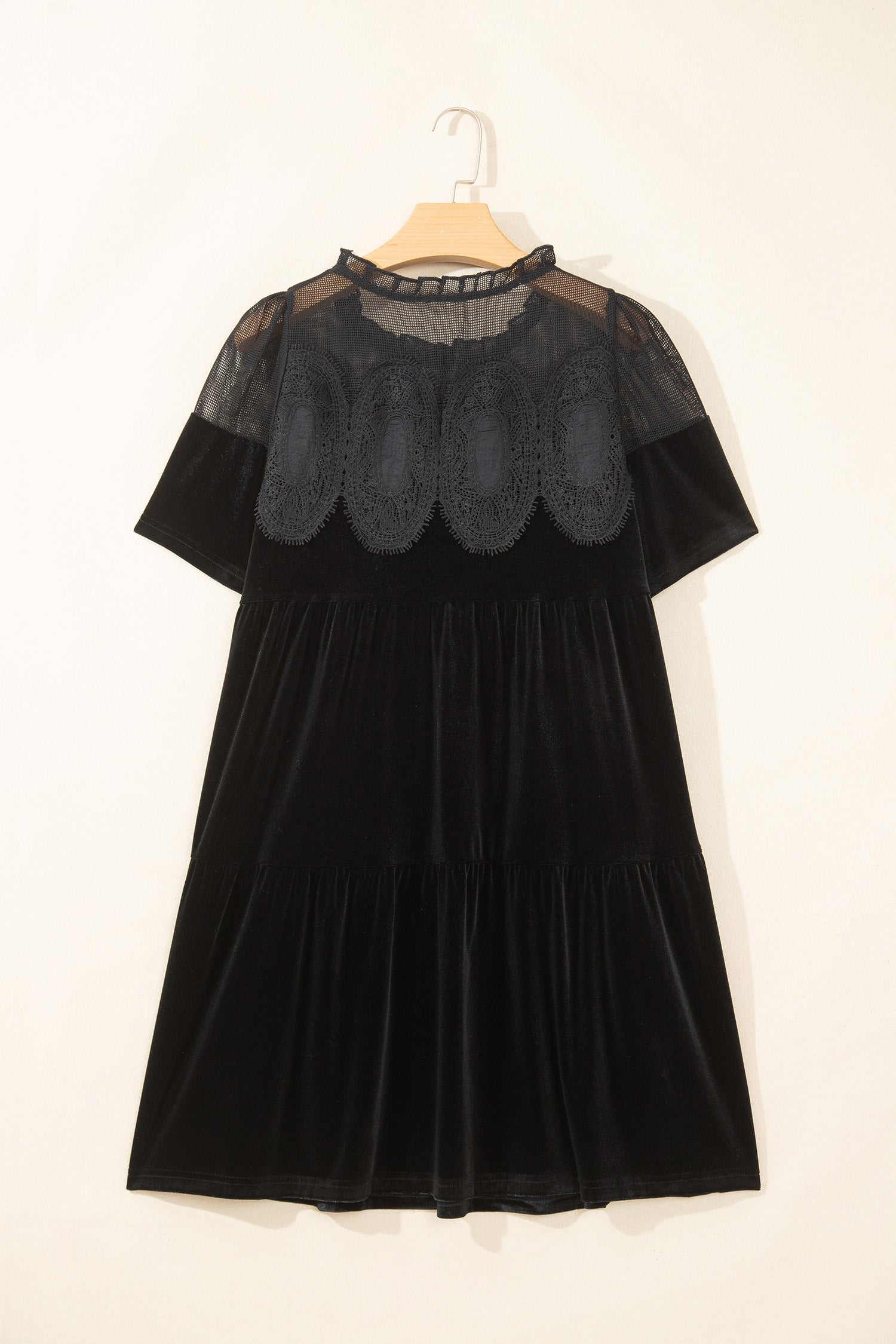 Black Embroidered Velvet Short Sleeve Mini Shift Dress