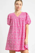 Umgee Floral Puff Sleeve V-Neck Mini Dress