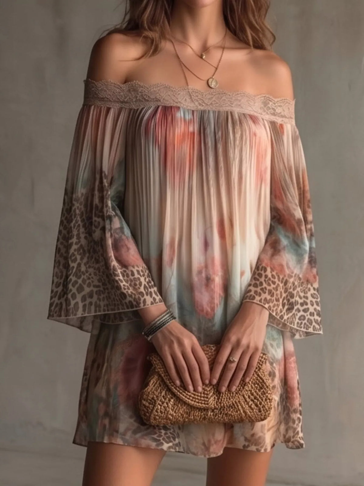 Off-Shoulder Lace-Trimmed Floral and Leopard Print Mini Dress