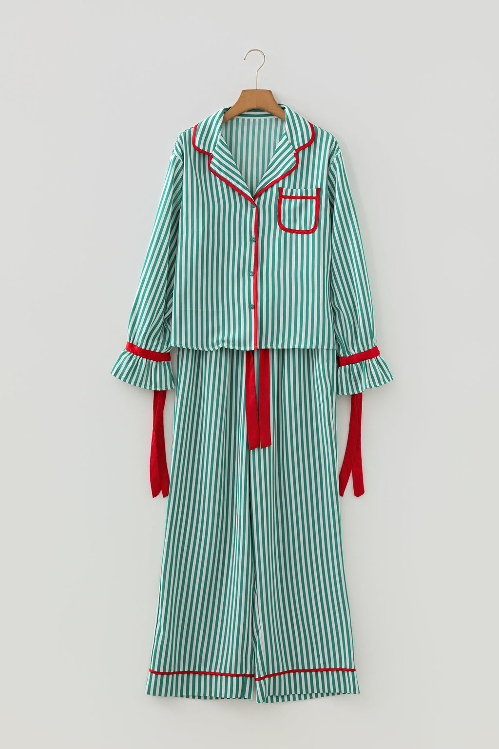 Green Stripe Contrast Velvet Trim Bow Knot Waist 2pcs Pajama Set