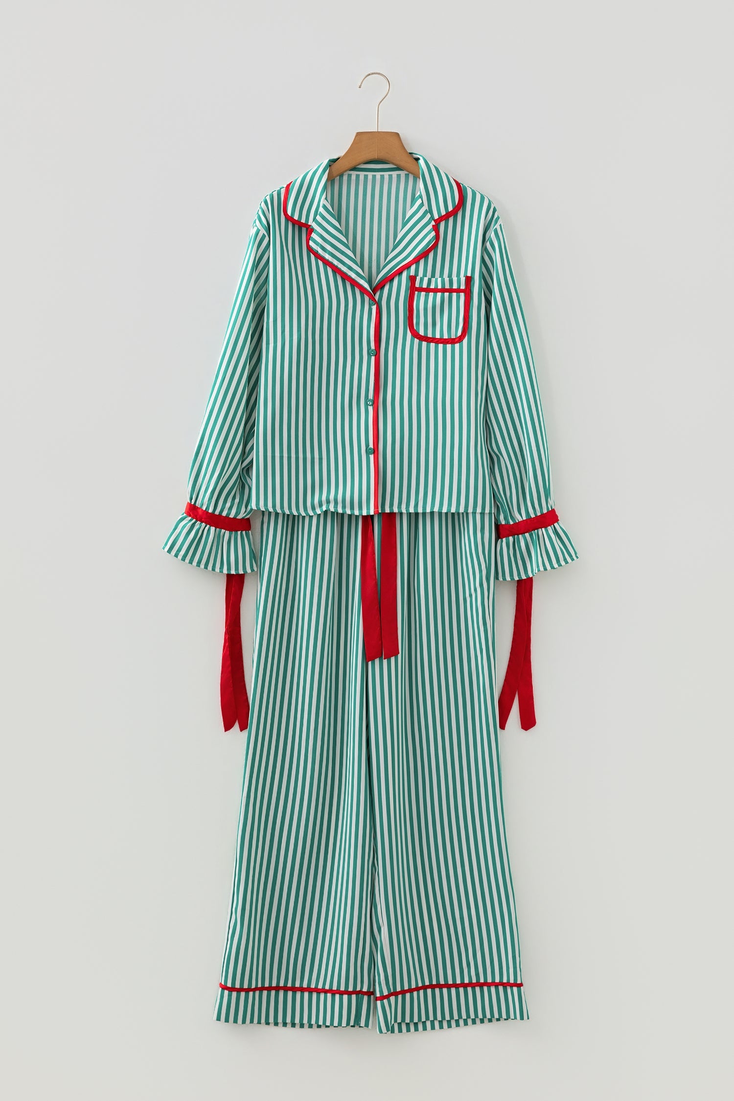Green Stripe Contrast Velvet Trim Bow Knot Waist 2pcs Pajama Set