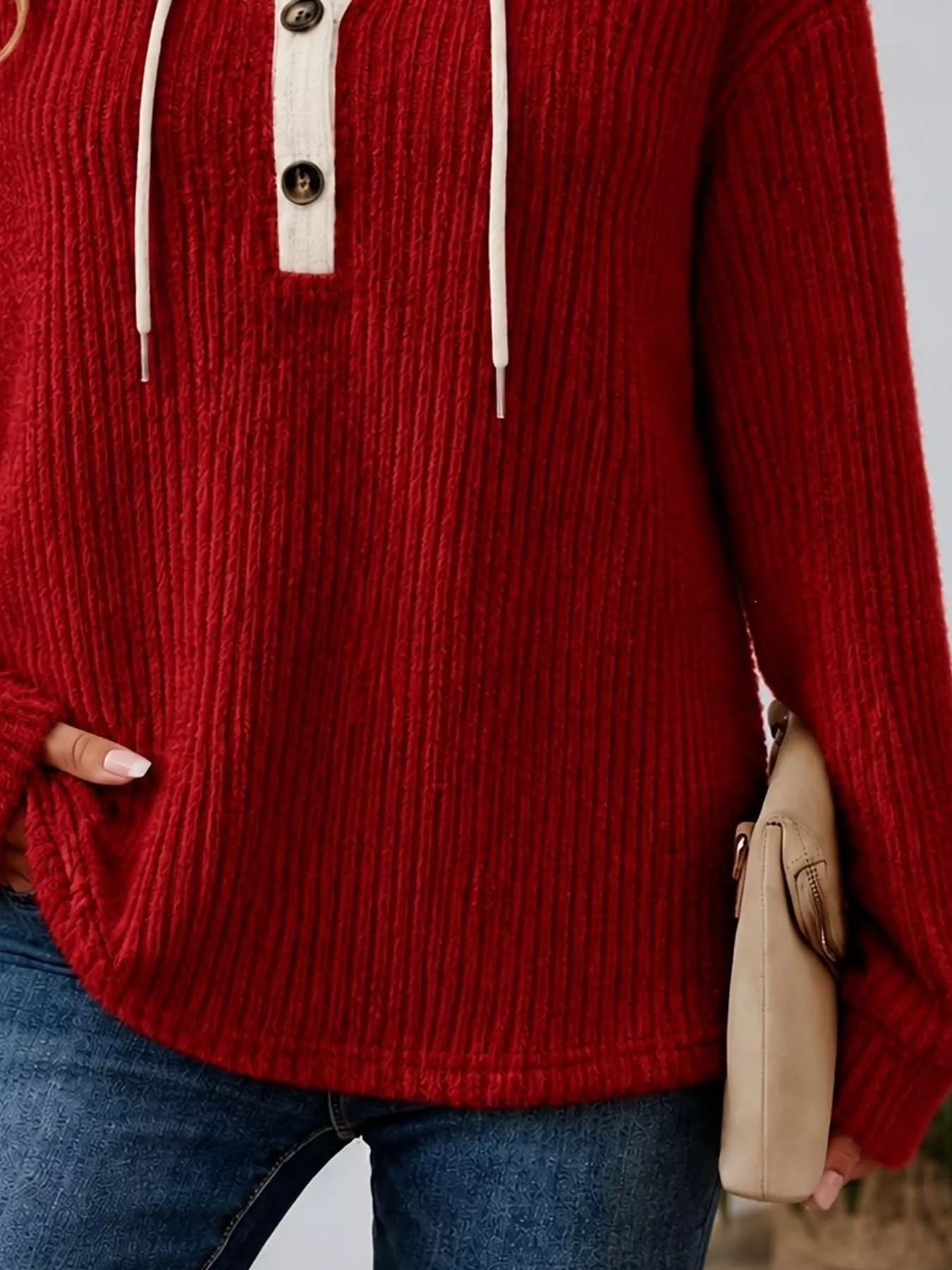 Full Size Drawstring Button Detail Hooded Sweater Plus Size