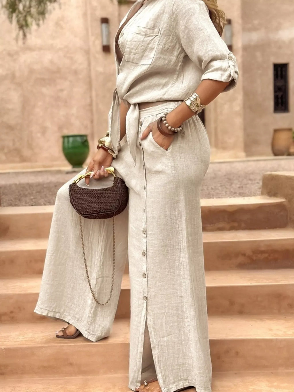 Full Size Button Up Shirt and Wide-Leg Pant Set Plus Size