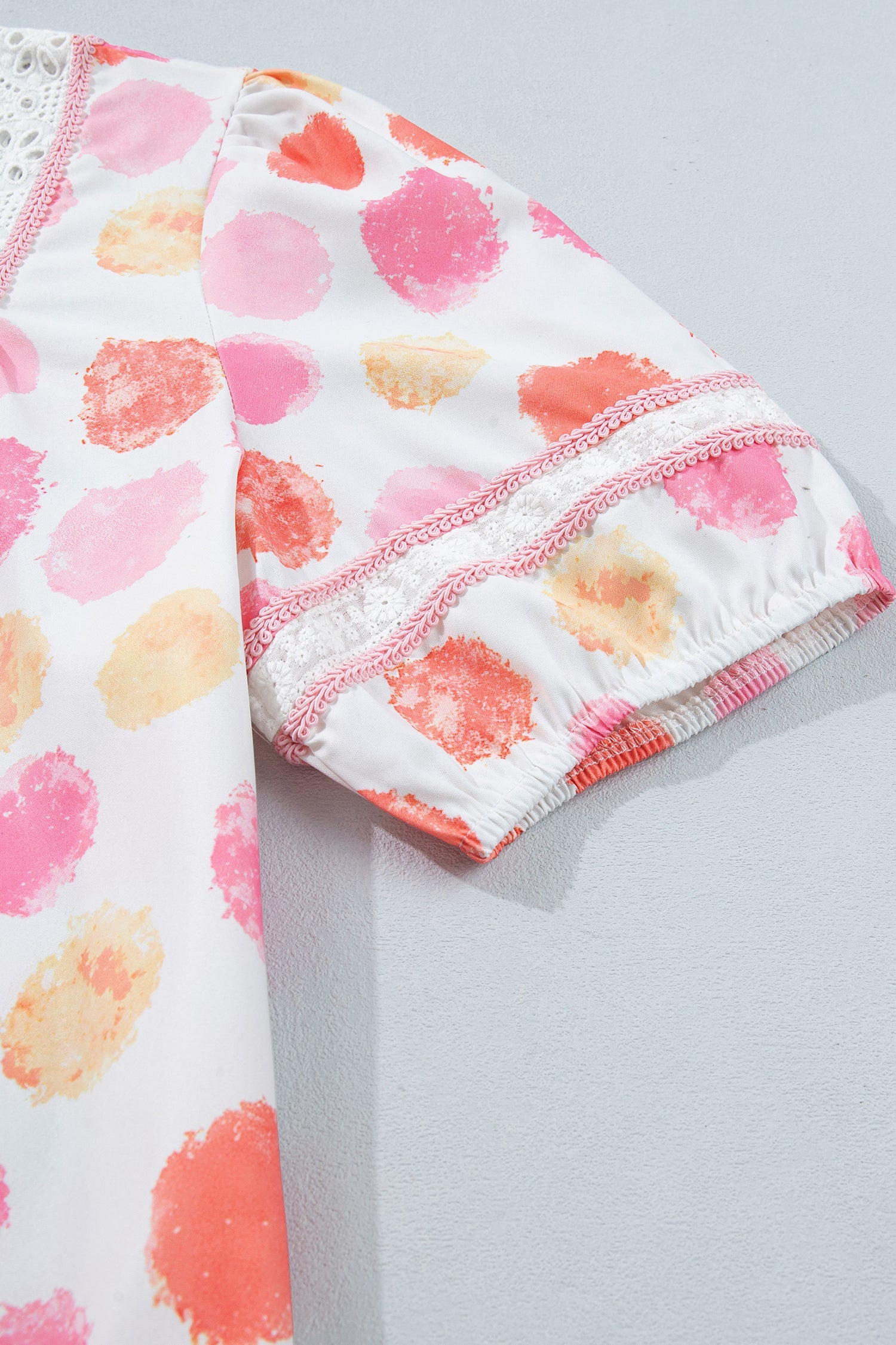 Pink Polka Dot Lace Trim Square Neck Puff Sleeve Blouse