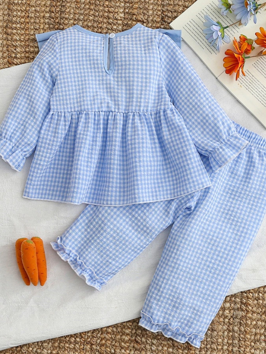 Children's Carrot Embroidered Gingham Top and Pants Set