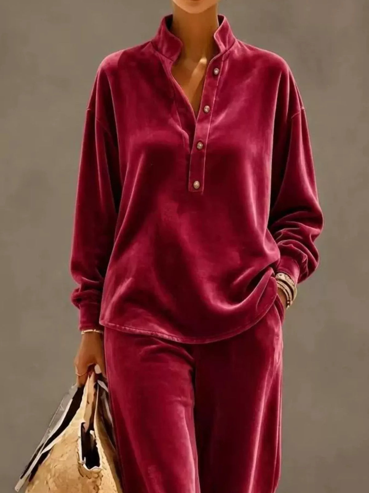 Full Size Half Button Top and Wide Leg Pants Set Plus Size
