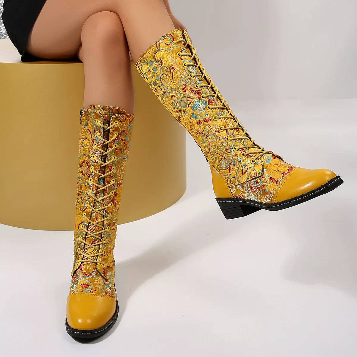 Embroidered Lace-Up Block Heel Boots
