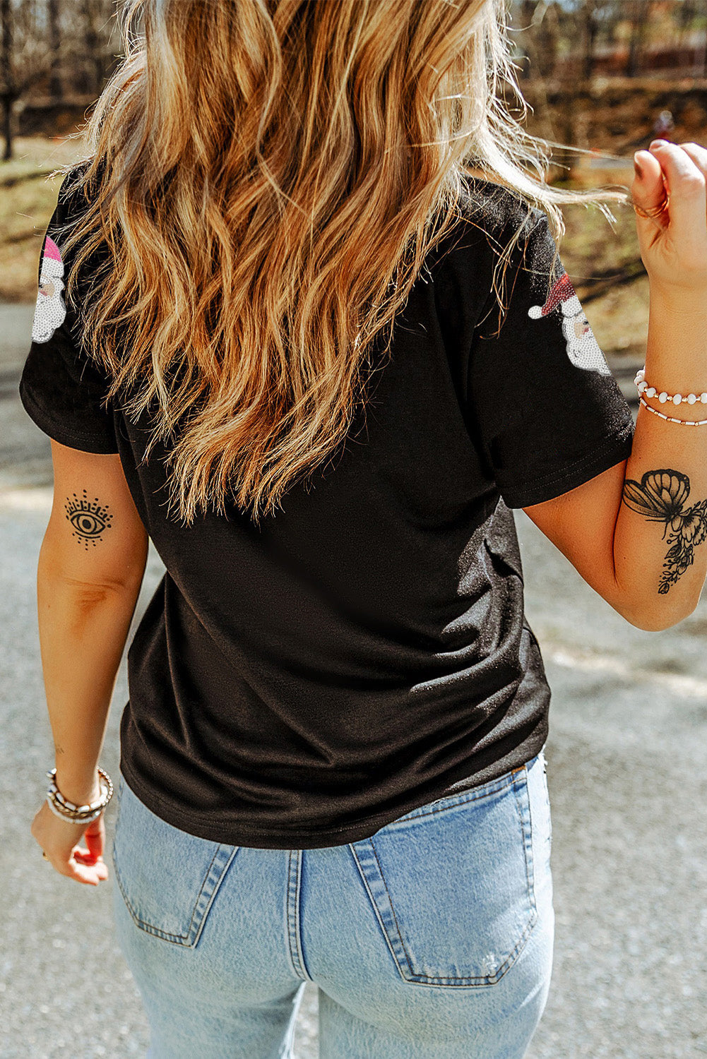 Black Sequin Patched Father Christmas Graphic T Shirt