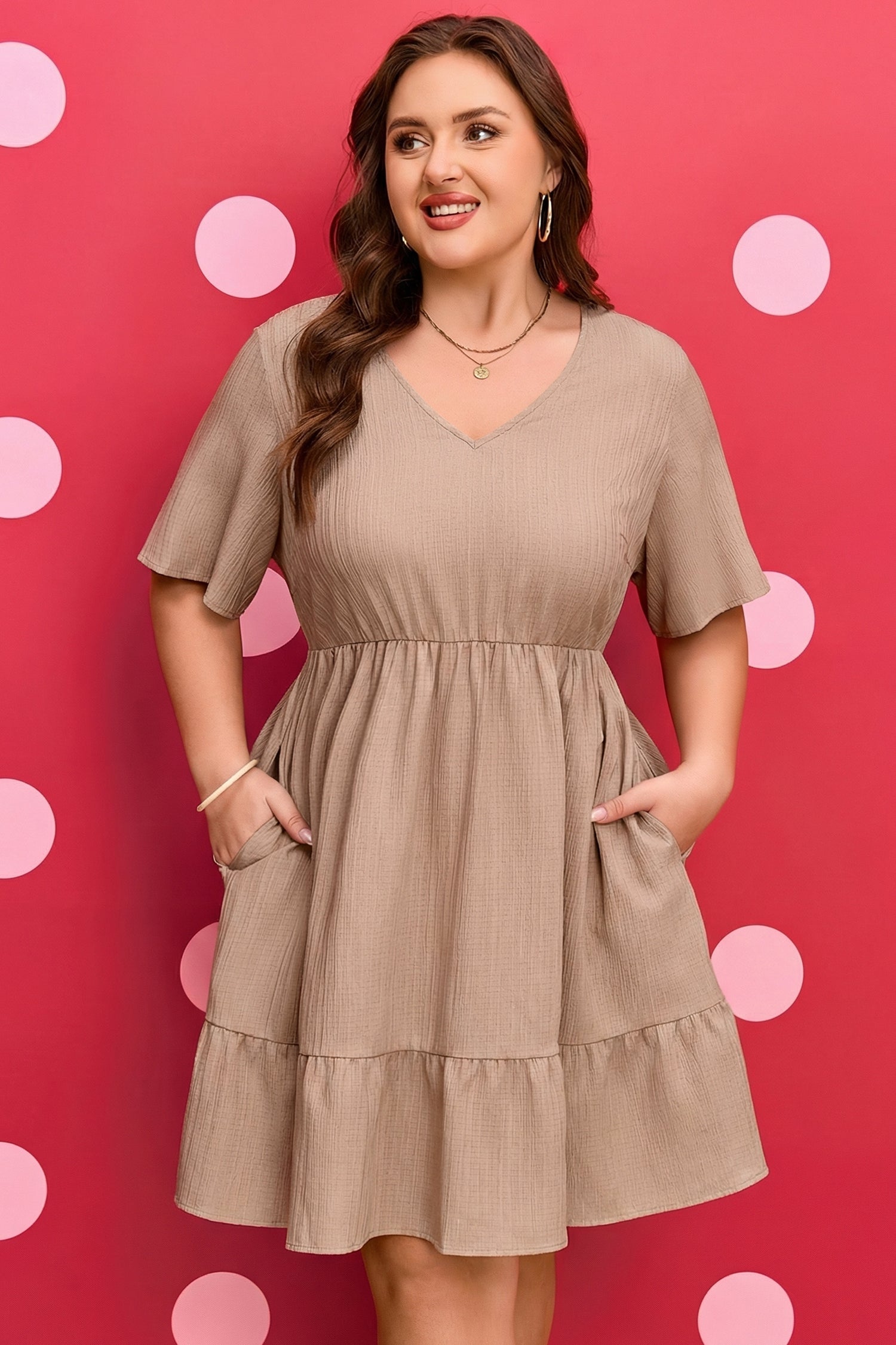 Dark Khaki Textured Ruffled Short Sleeve Dress