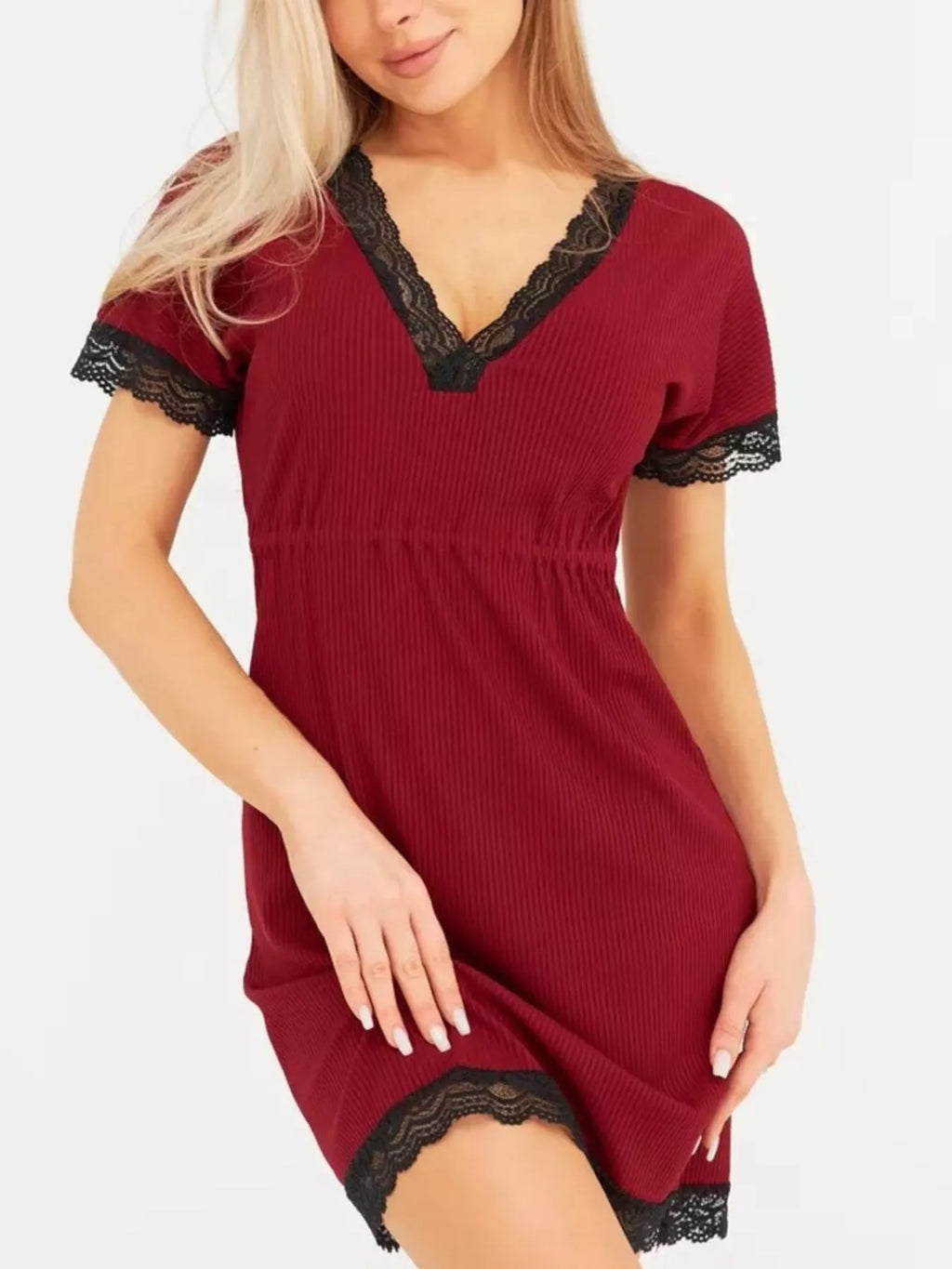 Full Size Ribbed Lace-Trim V-Neck Mini Dress Plus Size