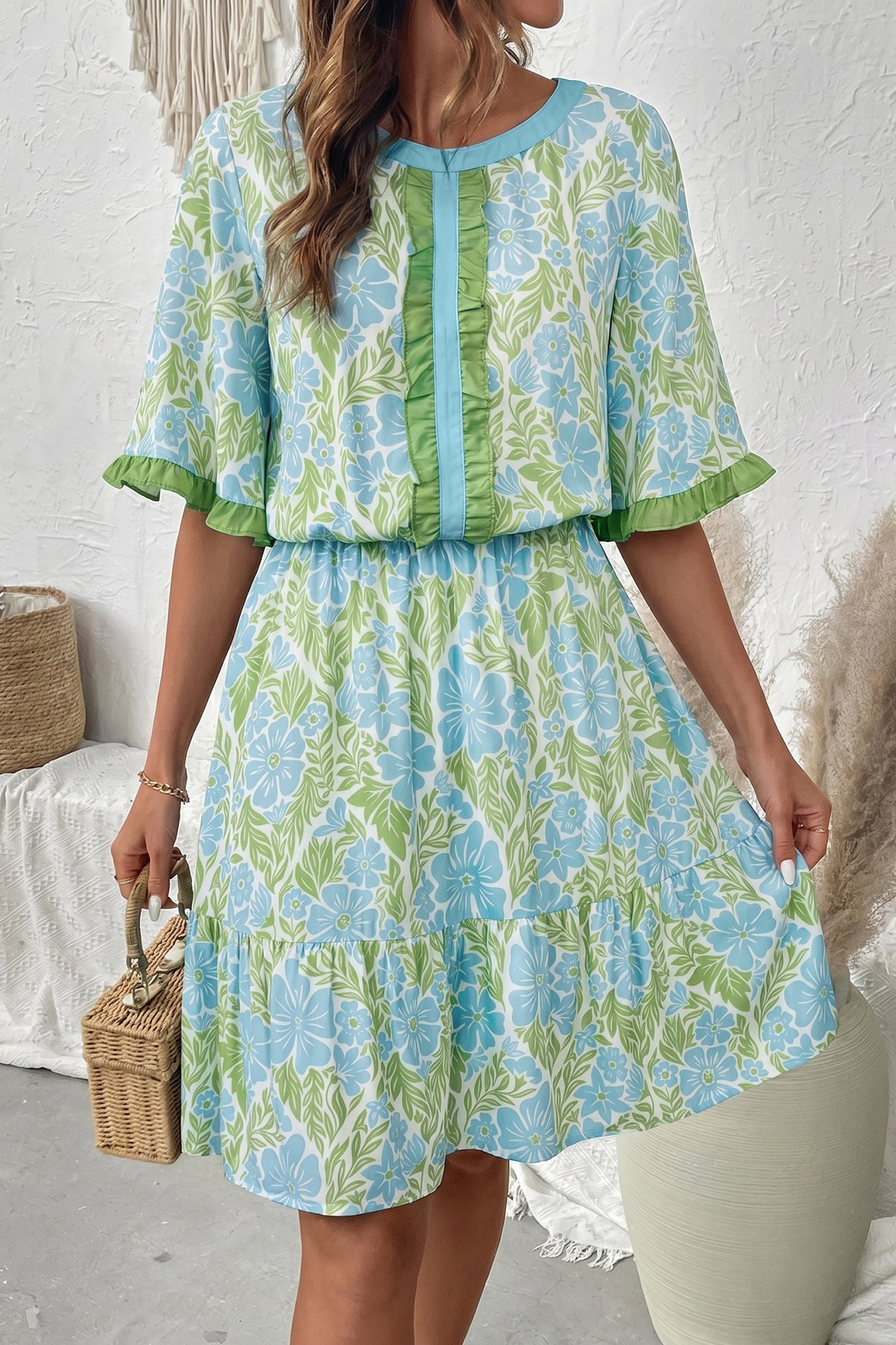 Sky Blue Floral Print High Waist Ruffle Short Sleeve Mini Dress