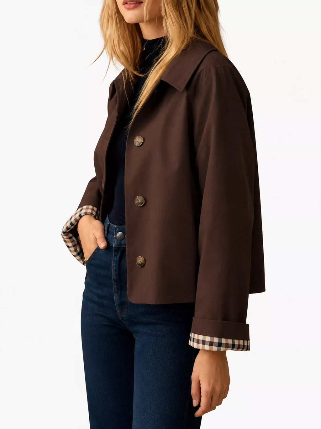 Plaid Cuffs Cropped Trench Outerwear