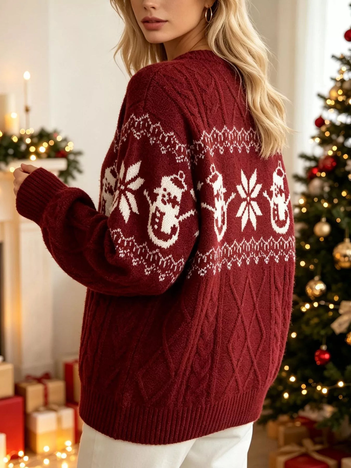 Christmas Snowman Pattern Cable Knit Sweater