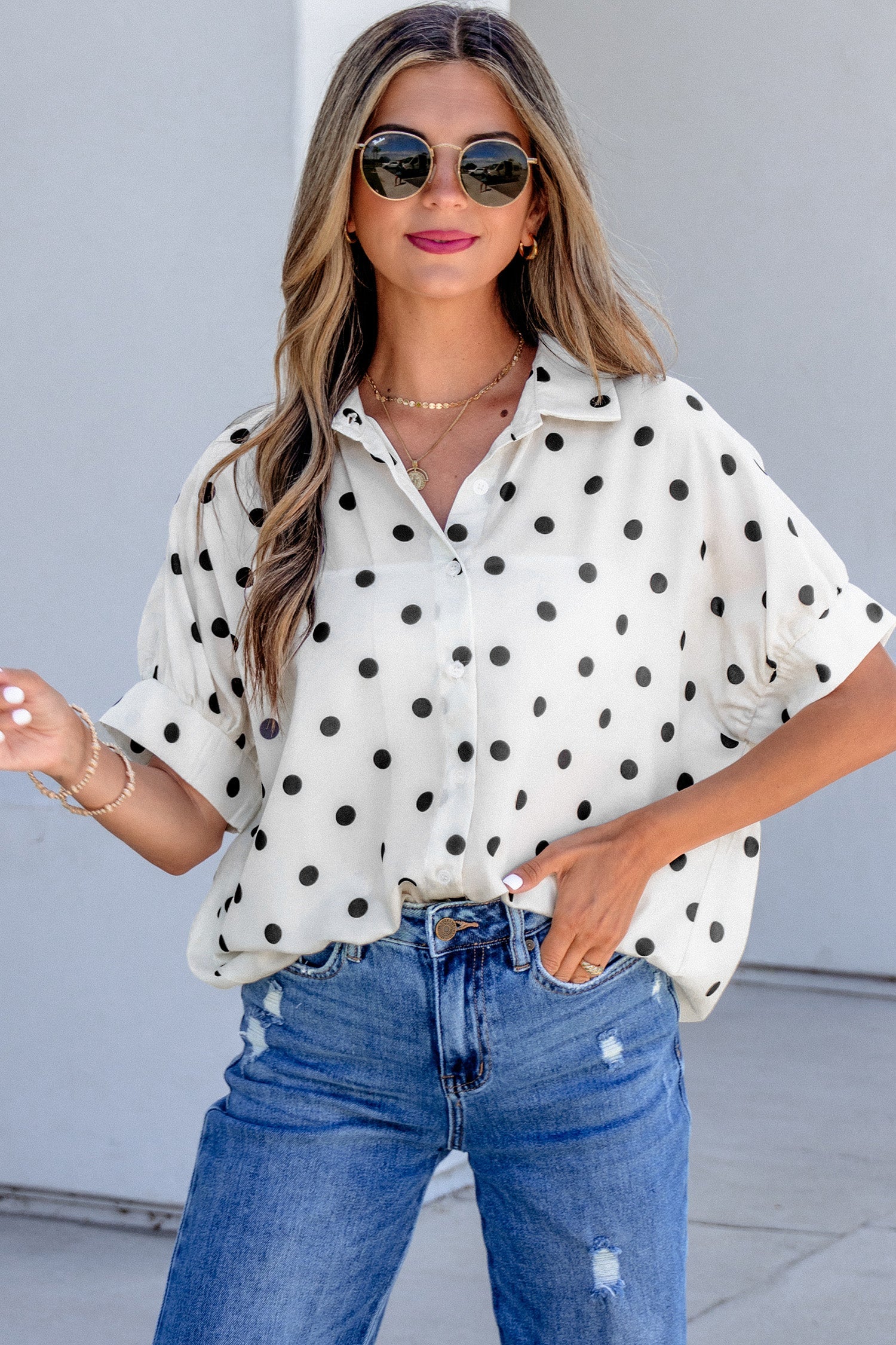 Beige Polka Dot Print Loose Dolman Shirt
