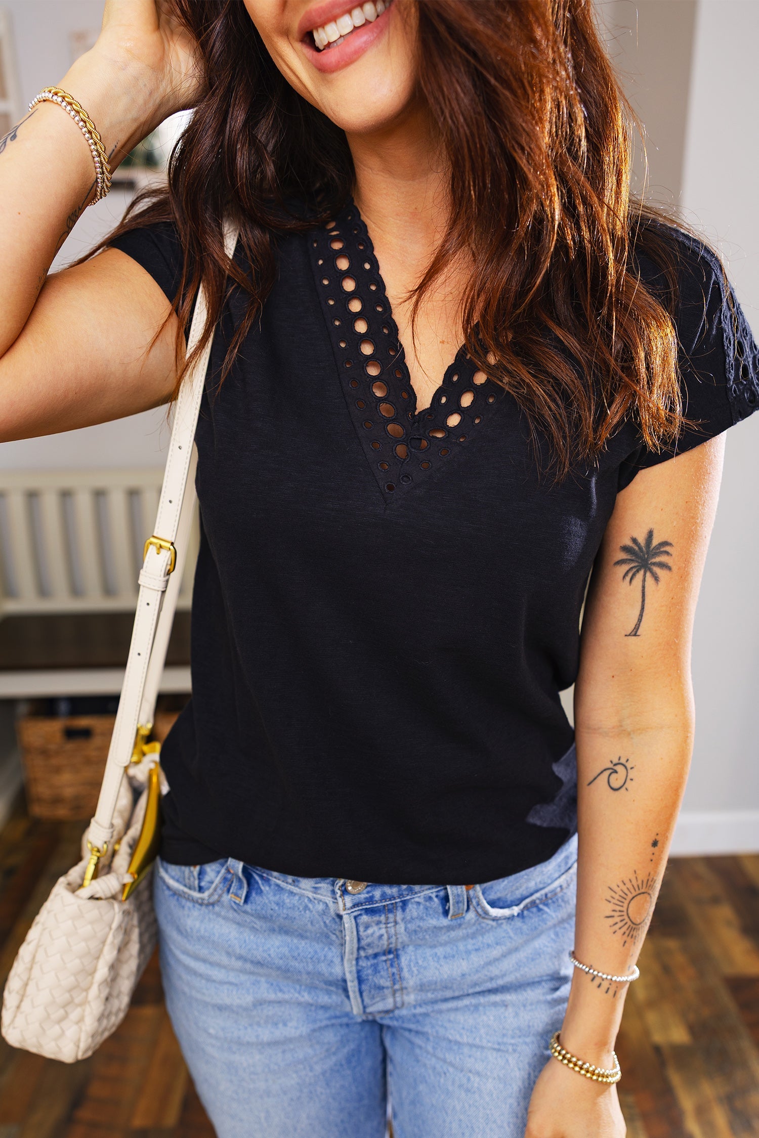 Black Cutout Embroidered Trim V Neck Cap Sleeve Tee