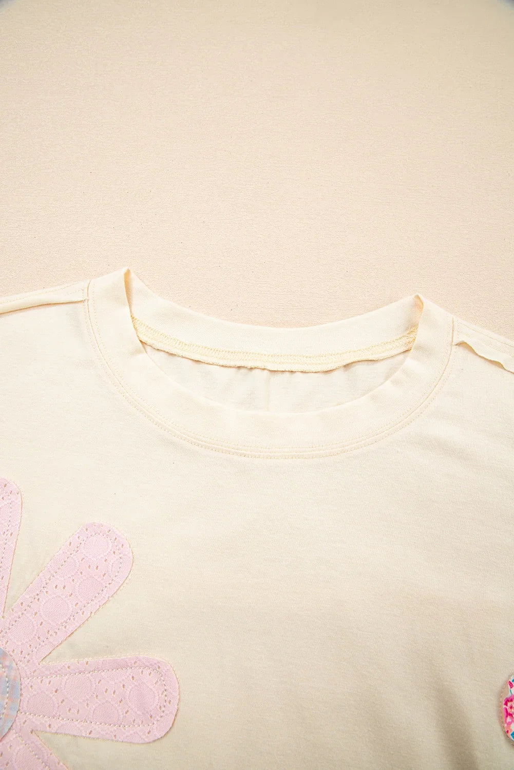 Floral Patch Exposed Stitching Crew Neck Tee