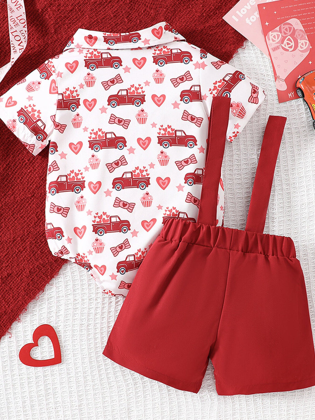Children's Bowknot Decor Bodysuit and  Suspender Shorts Set