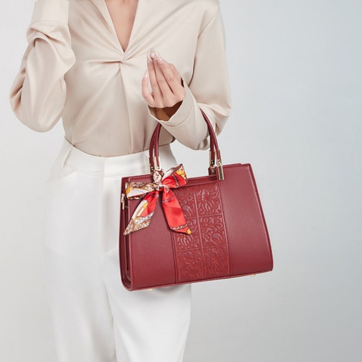 Embossed Leather Top Handle Handbag