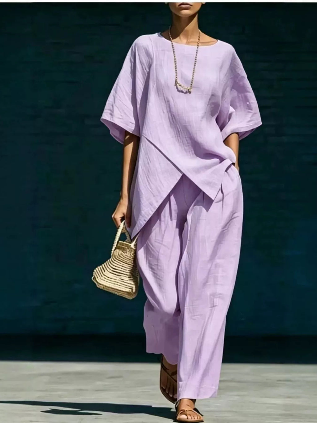 Full Size Asymmetric Top and Wide-Leg Pants Set Plus Size