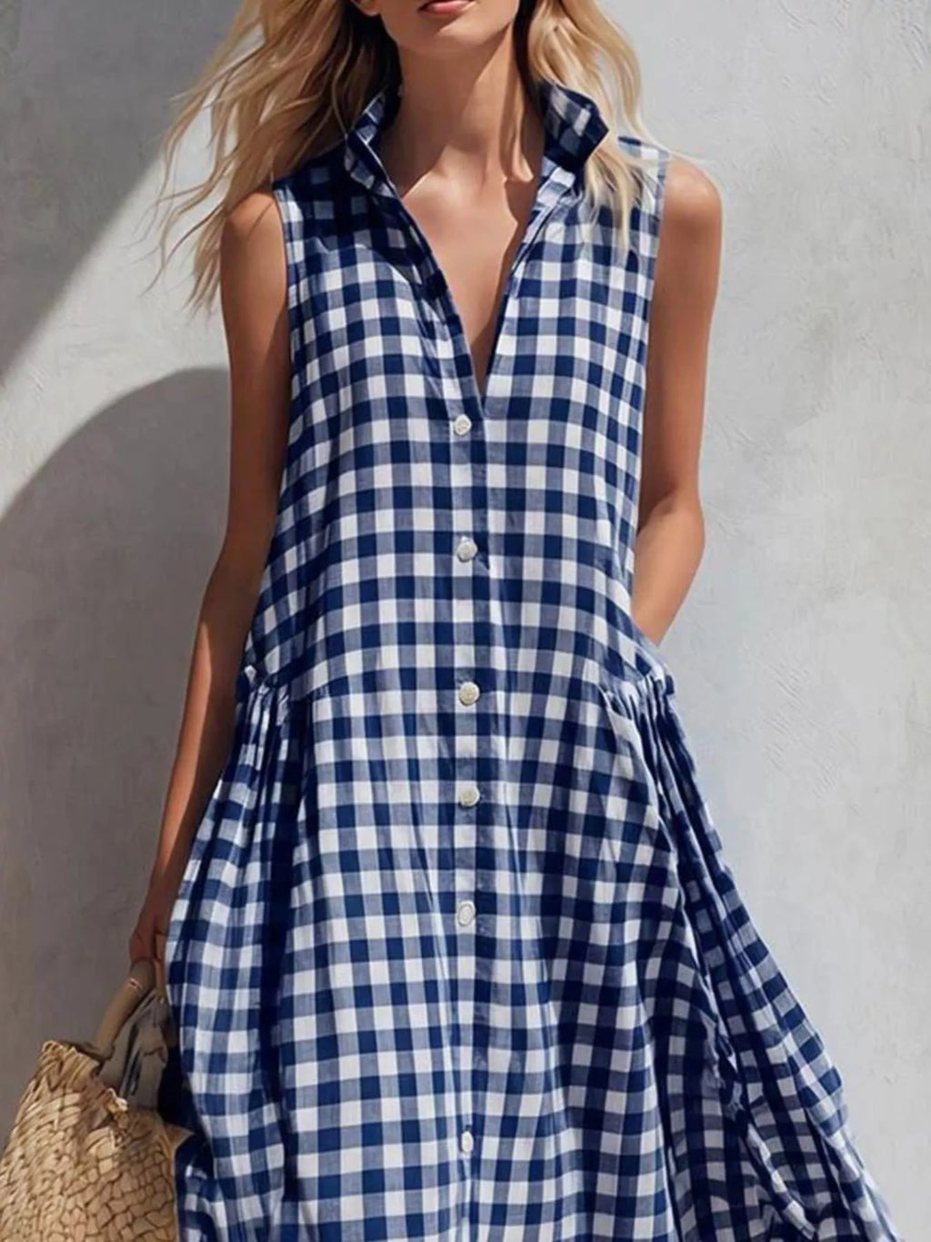 Full Size Sleeveless Gingham Button-Down Midi Dress Plus Size