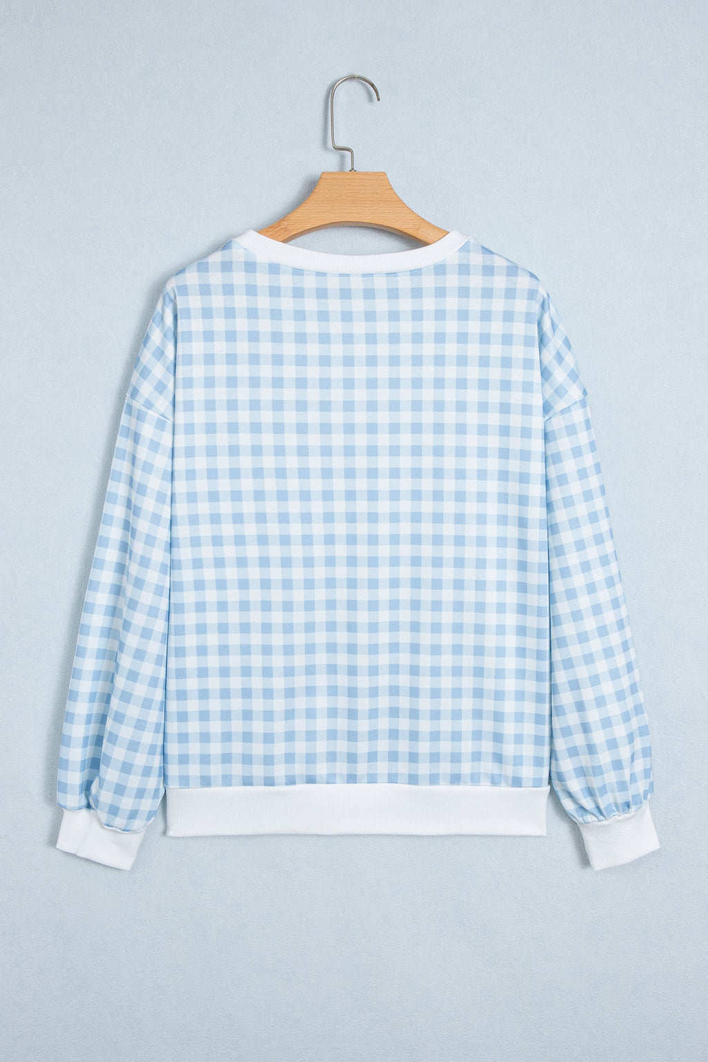 Light Blue Plaid Round Neck Long Sleeve Sweatshirt