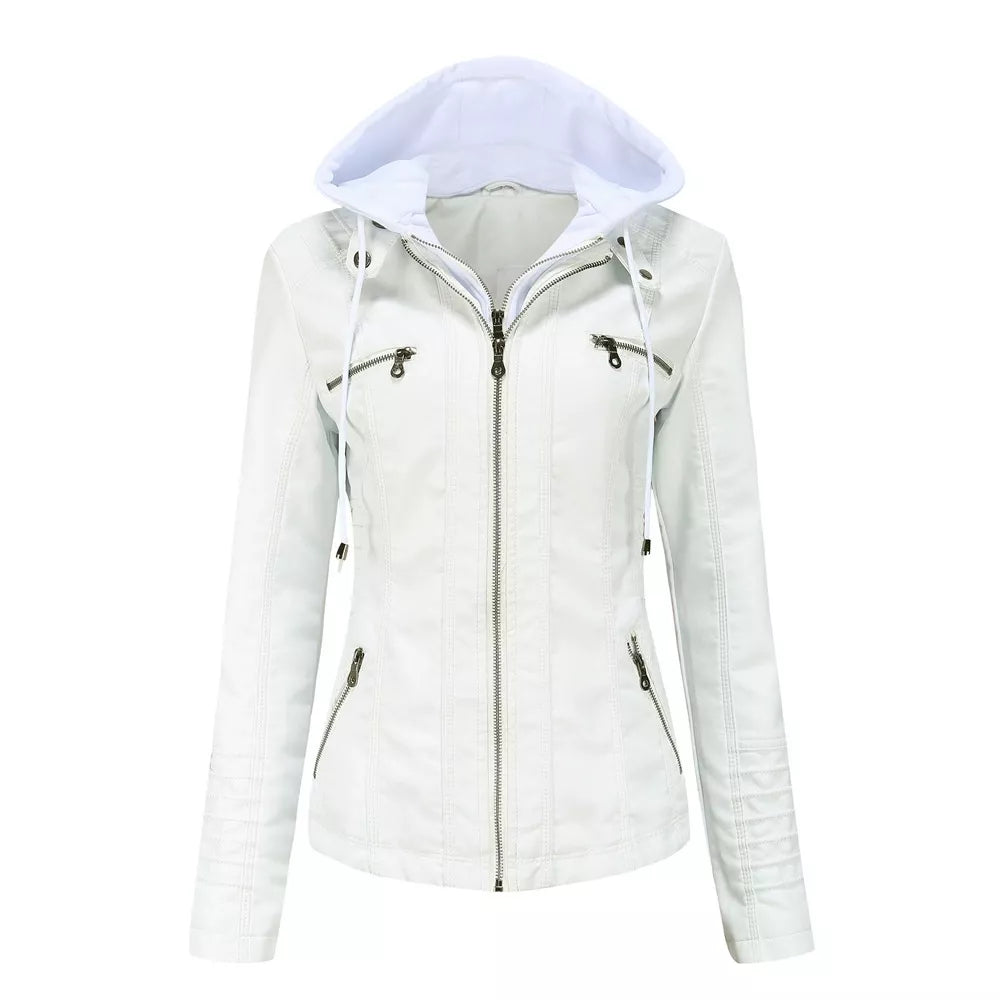 Full Size Detachable Hooded Faux Leather Moto Jacket Plus Size