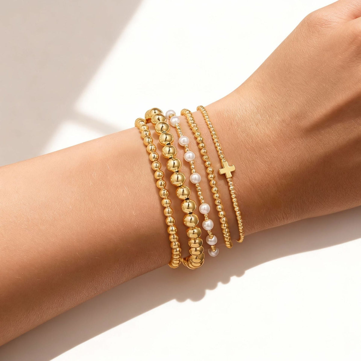 Gold Beaded Multi-layer Cross Bracelet