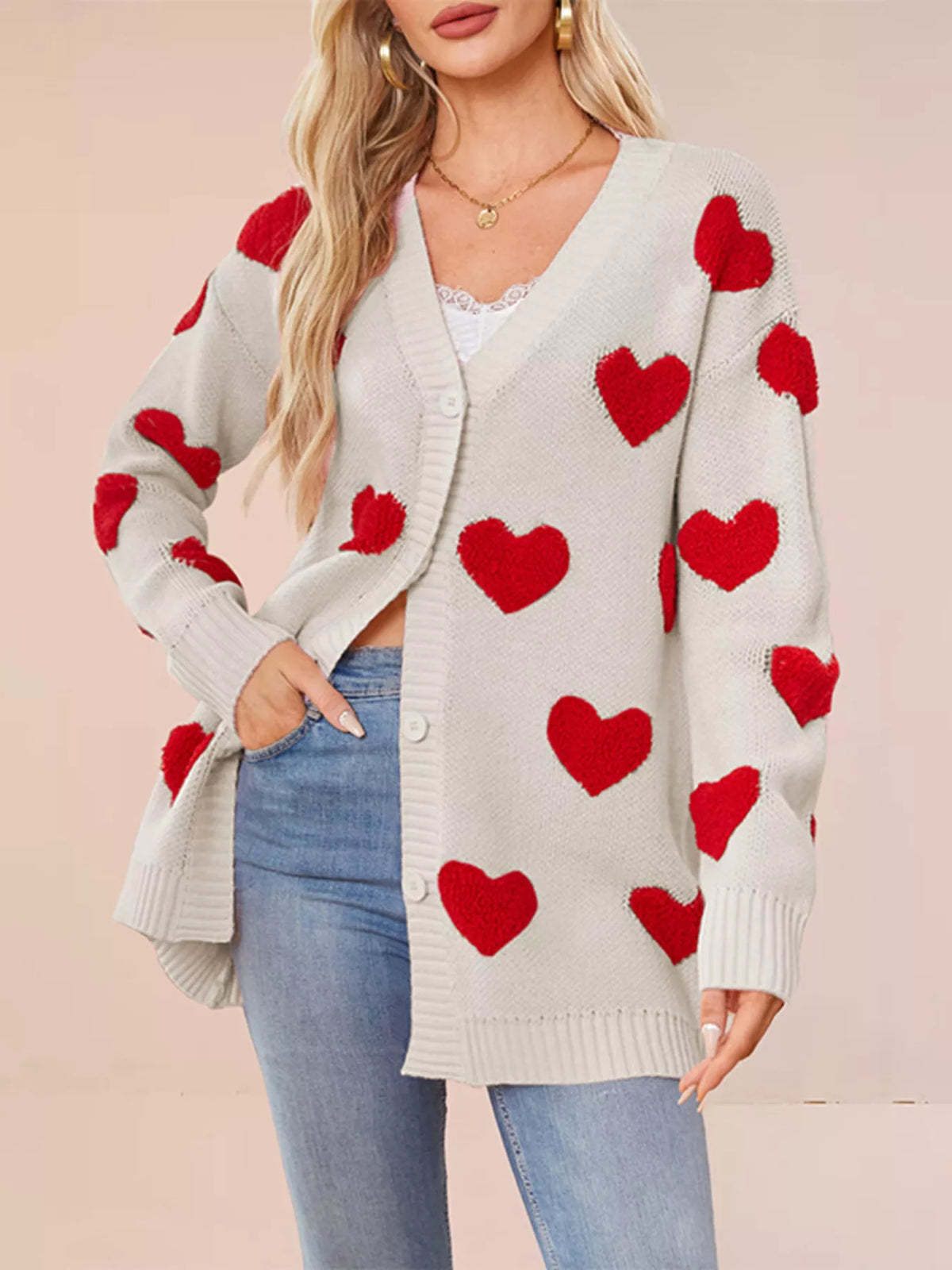 Heart Pattern V-Neck Button-Down Knit Cardigan