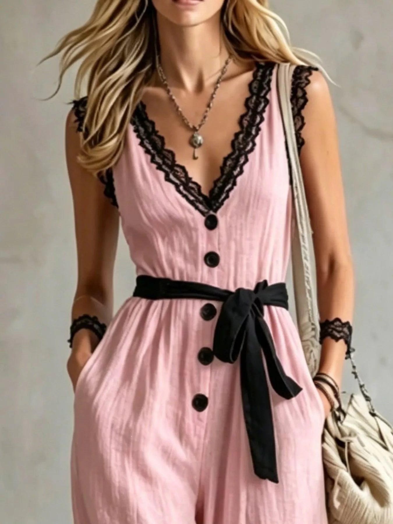 Lace Trim Sleeveless Wide Leg Jumpsuit