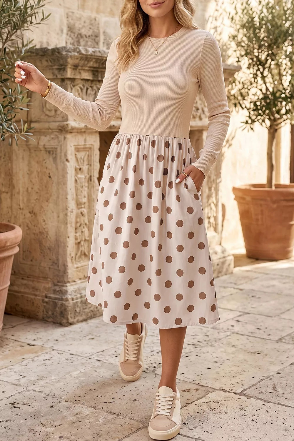 Polka Dot Midi Long Sleeve Dress