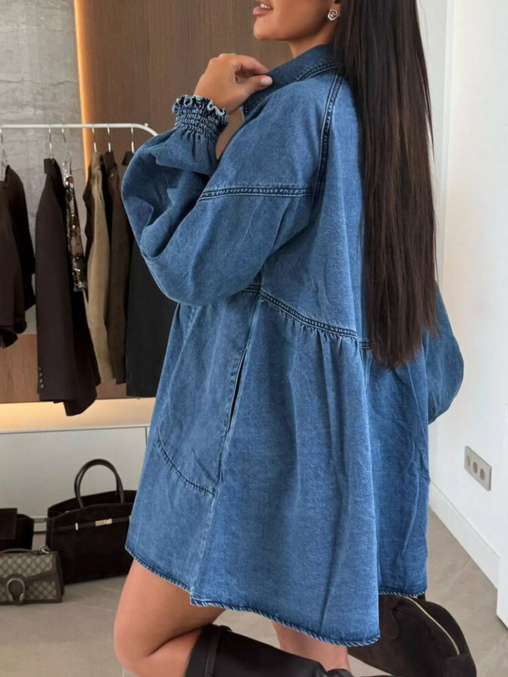Button Down Mini Denim Dress with Front Pockets