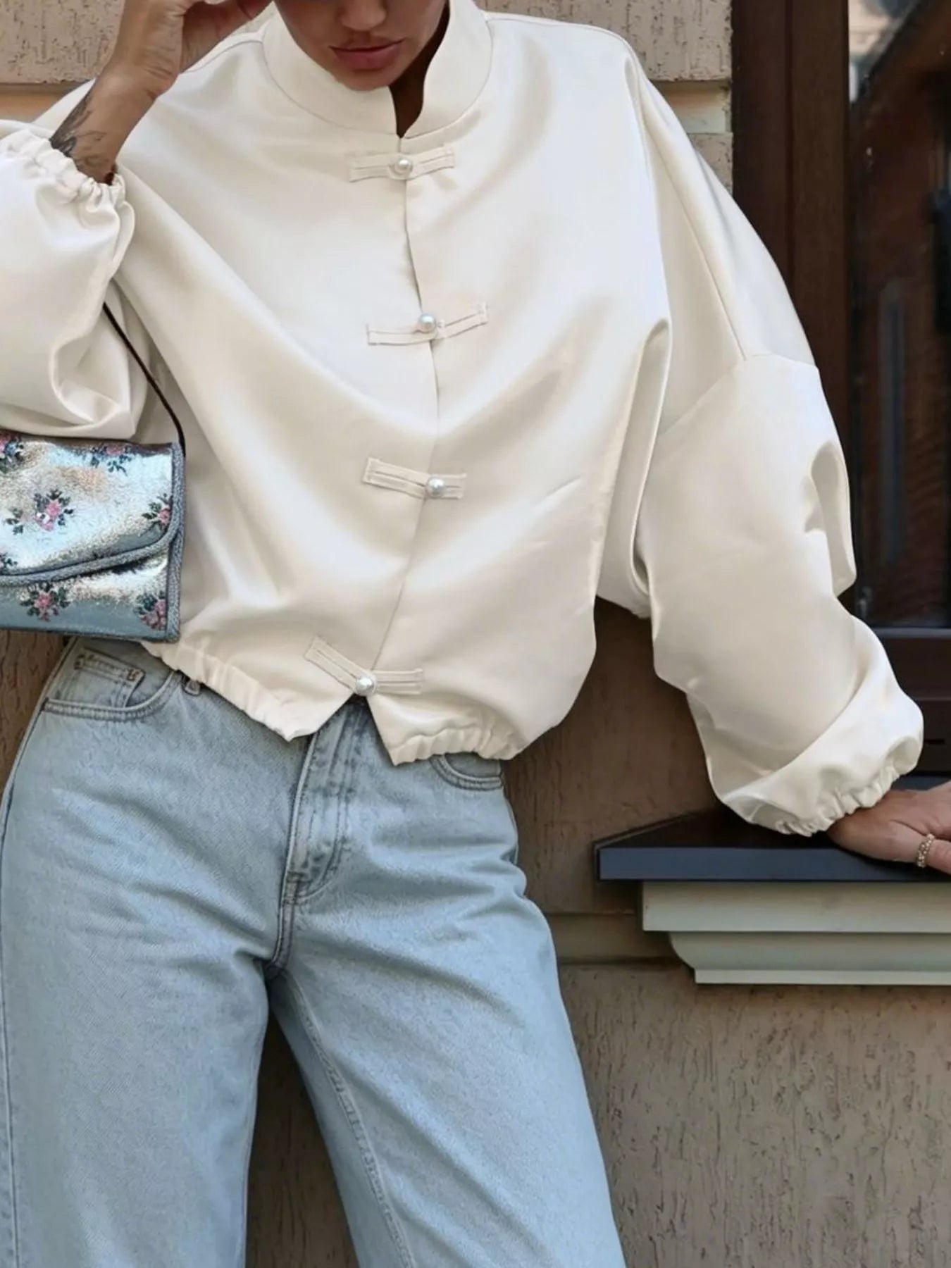 Mandarin Collar Pearl Button Shacket