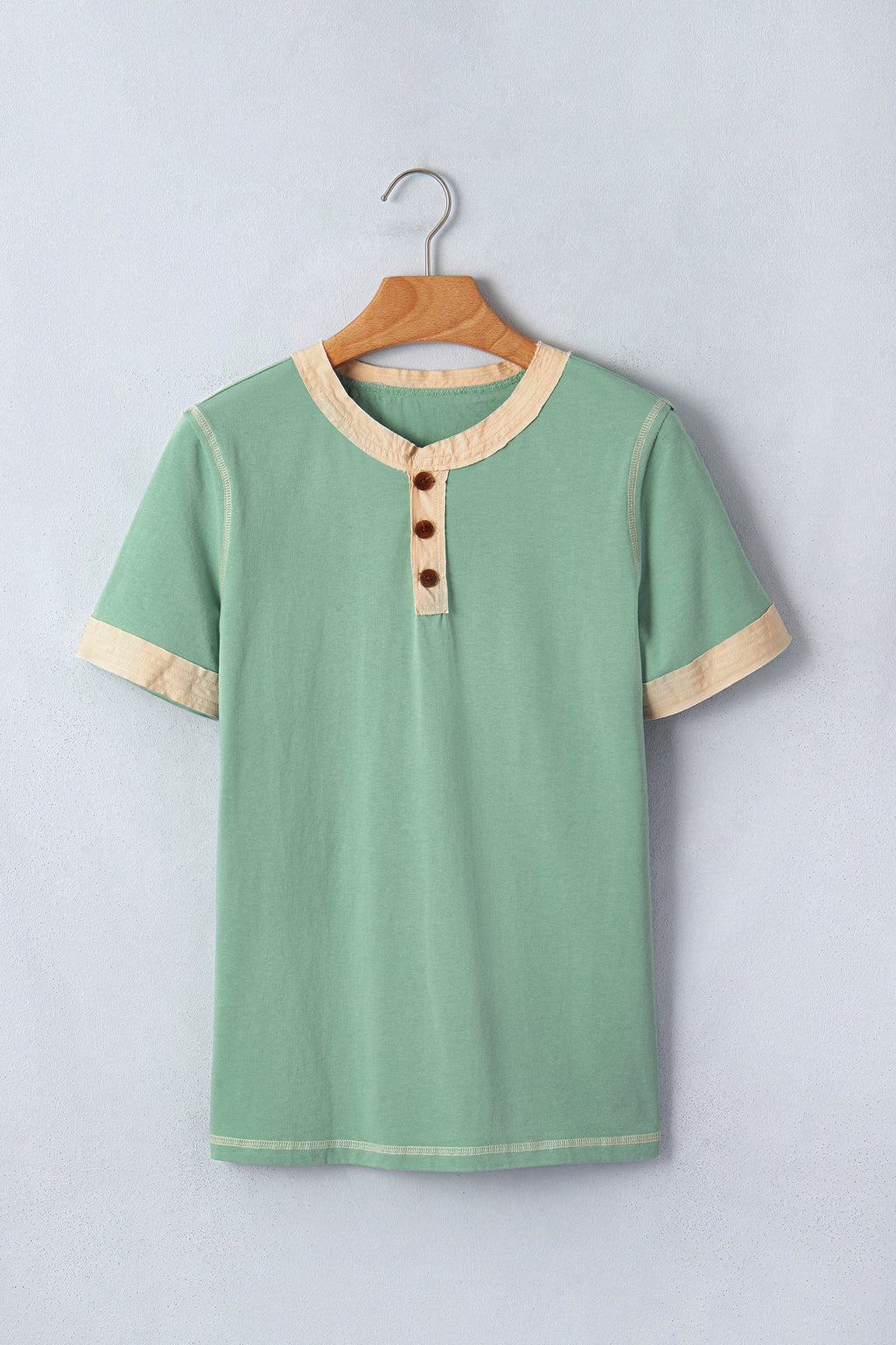 Light Grey Raw Seam Color Block Detail Buttoned Henley Tee