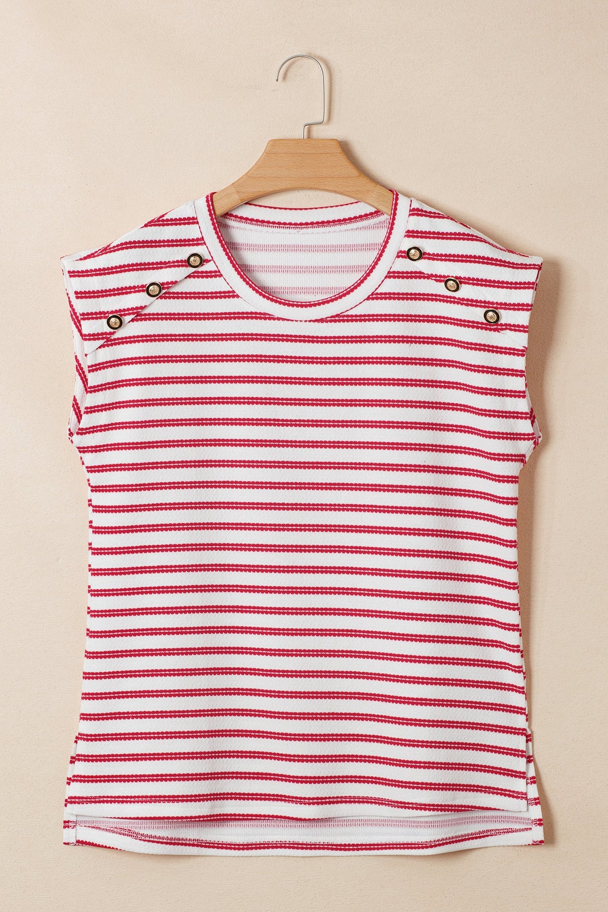 Stripe Textured Knit Buttoned Shoulder Short Sleeve Tee
