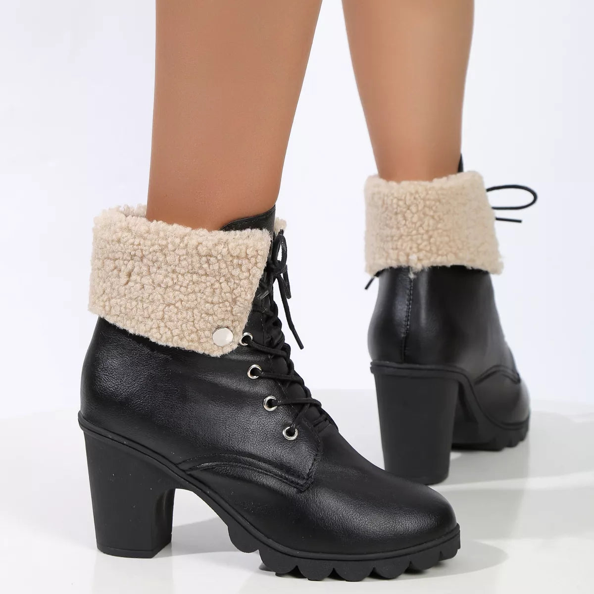 Lace Up Block Heels Boots