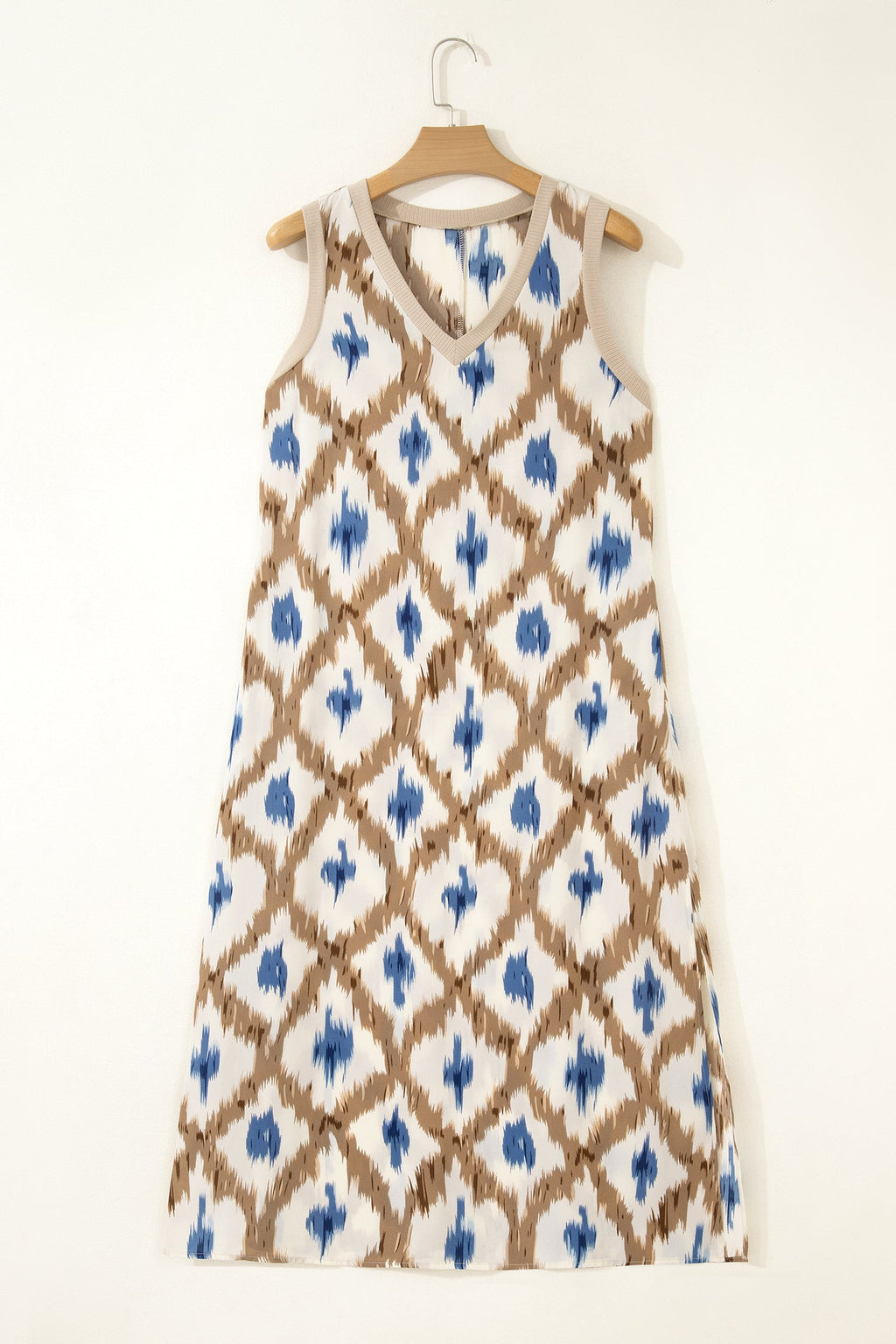Khaki Boho Abstract Print V Neck Sleeveless Long Dress