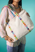 White Canvas Tote Bag with Embroidered Floral Strap Detail