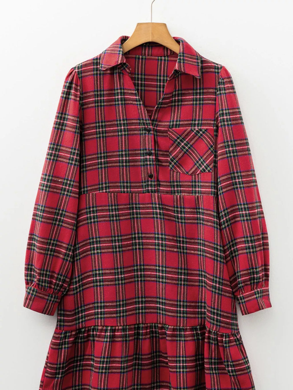 Plaid Shirt Collar Half Button Ruffle Hem Long Sleeve Mini Dress