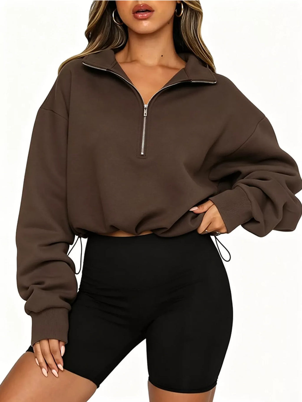 Half Zip Drawstring Hem Sweatshirt