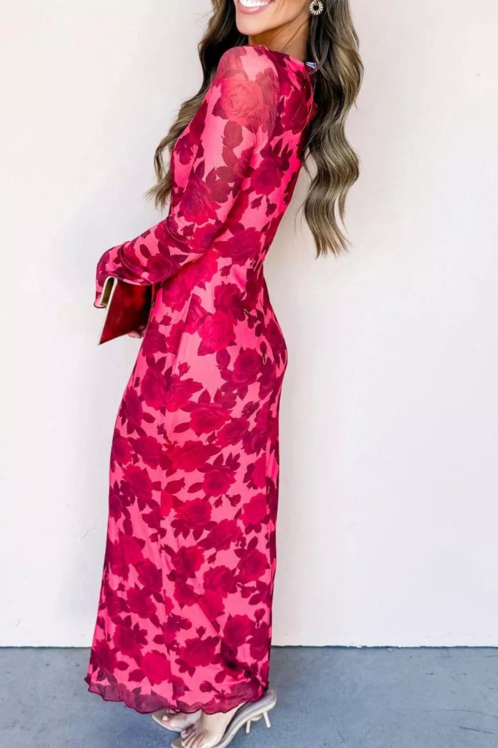 Floral Print Cuff Hem Serging Long Sleeve Sheath Dress